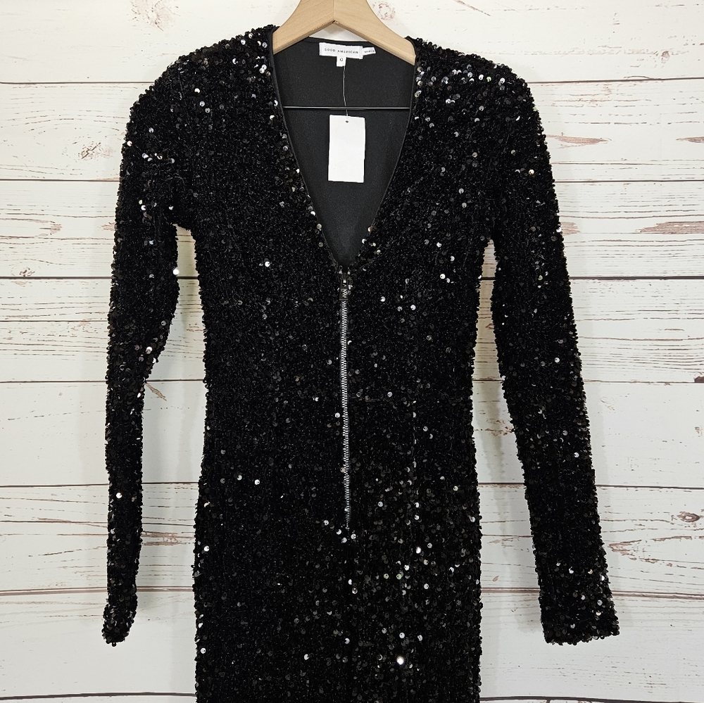 NWT Good American | Black Deep V-neck Sequin Jumpsuit - Picture 3 of 7